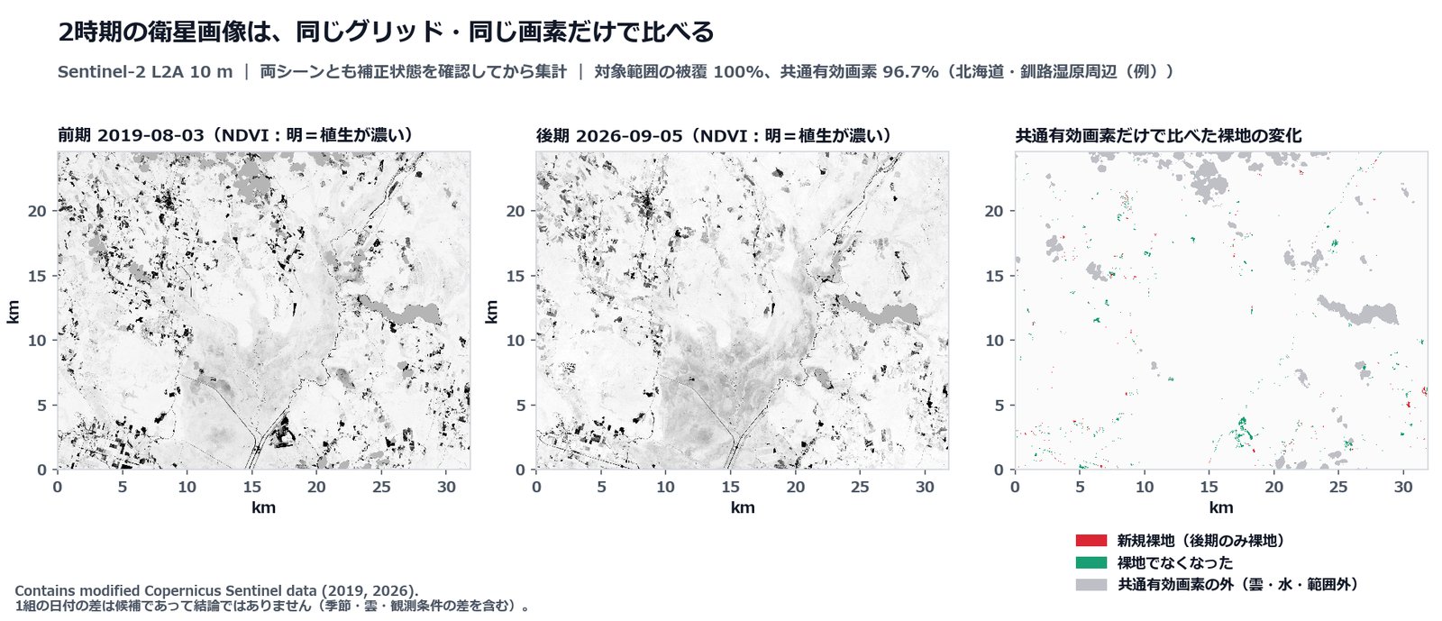 2時期の衛星画像を共通有効画素だけで比べる